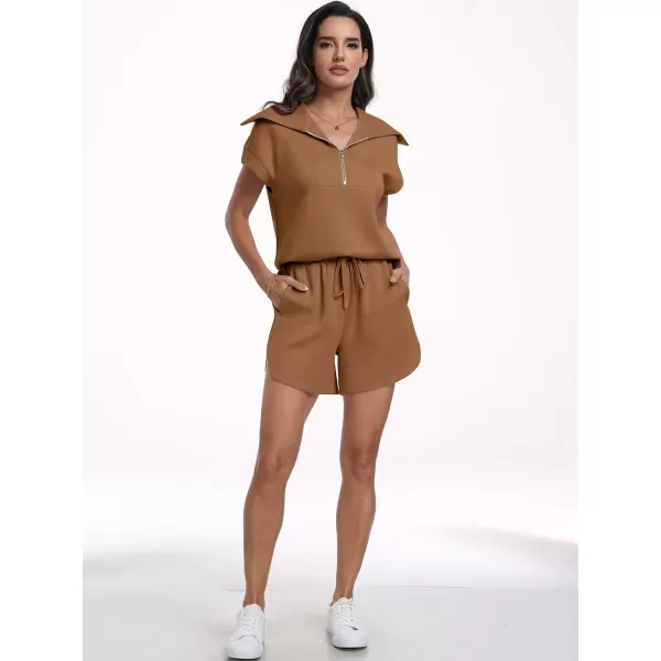 imageANRABESSnbspWomennbsp2 Piece OutfitsnbspSweatsuit HalfnbspZip LapelnbspCollarnbspShortnbspSleeve Tops Sweat Shorts LoungenbspSets TracksuitDeep Camel