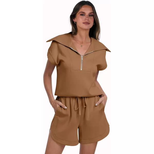 imageANRABESSnbspWomennbsp2 Piece OutfitsnbspSweatsuit HalfnbspZip LapelnbspCollarnbspShortnbspSleeve Tops Sweat Shorts LoungenbspSets TracksuitDeep Camel