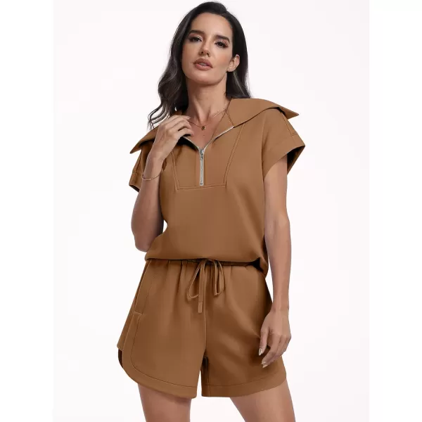 imageANRABESSnbspWomennbsp2 Piece OutfitsnbspSweatsuit HalfnbspZip LapelnbspCollarnbspShortnbspSleeve Tops Sweat Shorts LoungenbspSets TracksuitDeep Camel