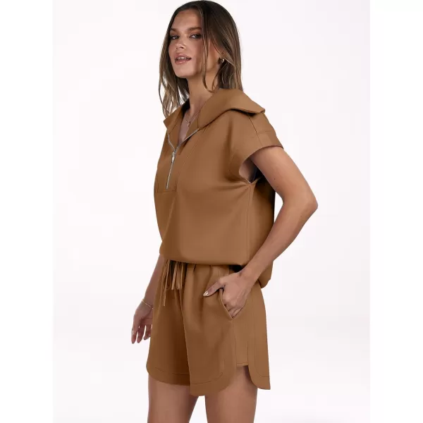 imageANRABESSnbspWomennbsp2 Piece OutfitsnbspSweatsuit HalfnbspZip LapelnbspCollarnbspShortnbspSleeve Tops Sweat Shorts LoungenbspSets TracksuitDeep Camel