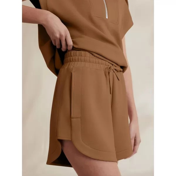 imageANRABESSnbspWomennbsp2 Piece OutfitsnbspSweatsuit HalfnbspZip LapelnbspCollarnbspShortnbspSleeve Tops Sweat Shorts LoungenbspSets TracksuitDeep Camel