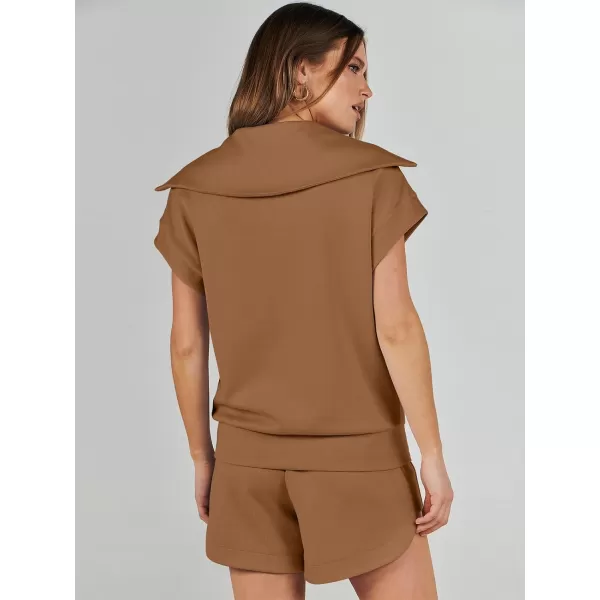 imageANRABESSnbspWomennbsp2 Piece OutfitsnbspSweatsuit HalfnbspZip LapelnbspCollarnbspShortnbspSleeve Tops Sweat Shorts LoungenbspSets TracksuitDeep Camel