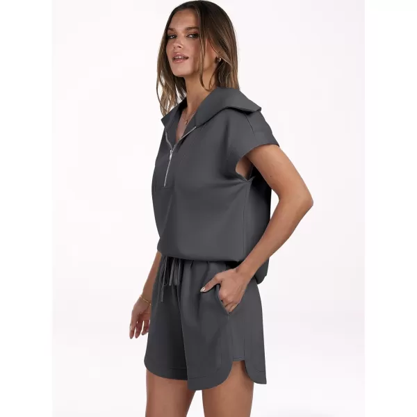 imageANRABESSnbspWomennbsp2 Piece OutfitsnbspSweatsuit HalfnbspZip LapelnbspCollarnbspShortnbspSleeve Tops Sweat Shorts LoungenbspSets TracksuitDeep Grey