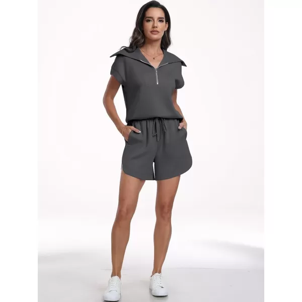 imageANRABESSnbspWomennbsp2 Piece OutfitsnbspSweatsuit HalfnbspZip LapelnbspCollarnbspShortnbspSleeve Tops Sweat Shorts LoungenbspSets TracksuitDeep Grey