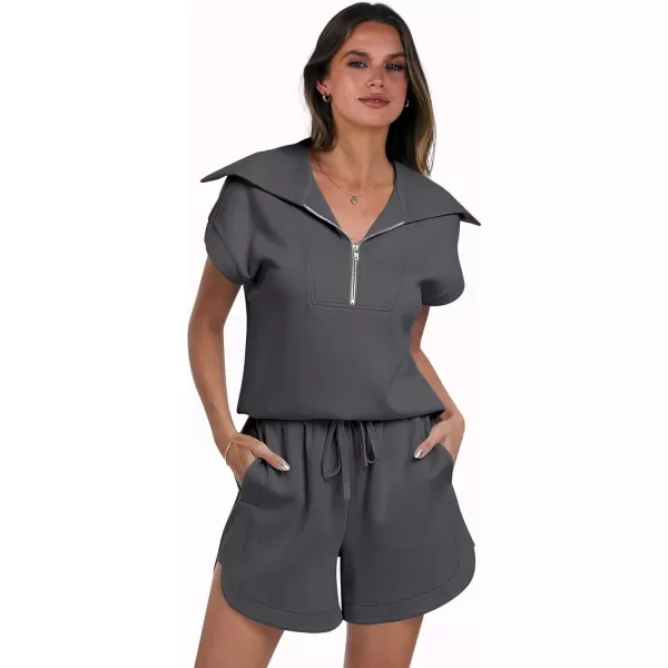 imageANRABESSnbspWomennbsp2 Piece OutfitsnbspSweatsuit HalfnbspZip LapelnbspCollarnbspShortnbspSleeve Tops Sweat Shorts LoungenbspSets TracksuitDeep Grey