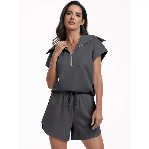 imageANRABESSnbspWomennbsp2 Piece OutfitsnbspSweatsuit HalfnbspZip LapelnbspCollarnbspShortnbspSleeve Tops Sweat Shorts LoungenbspSets TracksuitDeep Grey