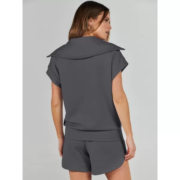 imageANRABESSnbspWomennbsp2 Piece OutfitsnbspSweatsuit HalfnbspZip LapelnbspCollarnbspShortnbspSleeve Tops Sweat Shorts LoungenbspSets TracksuitDeep Grey