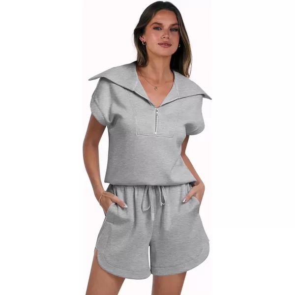 imageANRABESSnbspWomennbsp2 Piece OutfitsnbspSweatsuit HalfnbspZip LapelnbspCollarnbspShortnbspSleeve Tops Sweat Shorts LoungenbspSets TracksuitGrey
