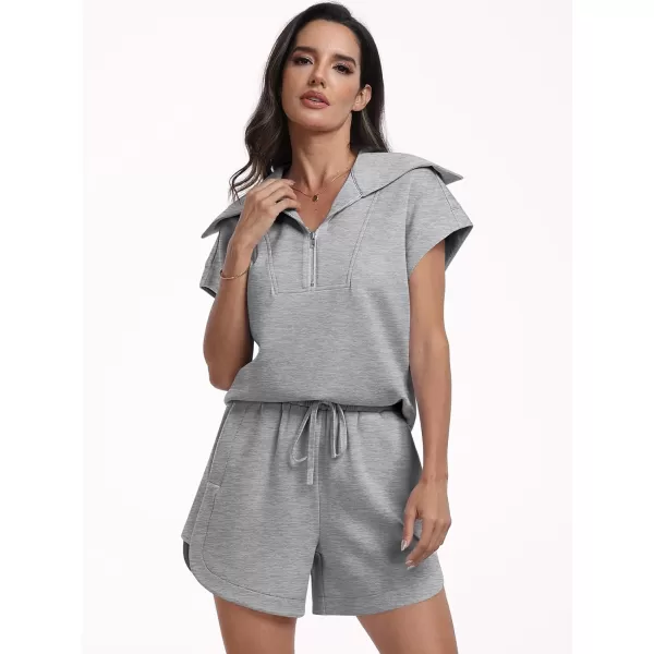 imageANRABESSnbspWomennbsp2 Piece OutfitsnbspSweatsuit HalfnbspZip LapelnbspCollarnbspShortnbspSleeve Tops Sweat Shorts LoungenbspSets TracksuitGrey