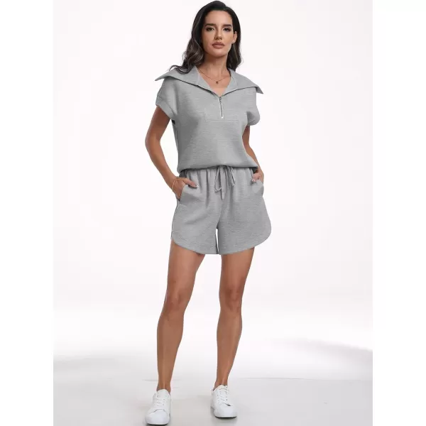 imageANRABESSnbspWomennbsp2 Piece OutfitsnbspSweatsuit HalfnbspZip LapelnbspCollarnbspShortnbspSleeve Tops Sweat Shorts LoungenbspSets TracksuitGrey