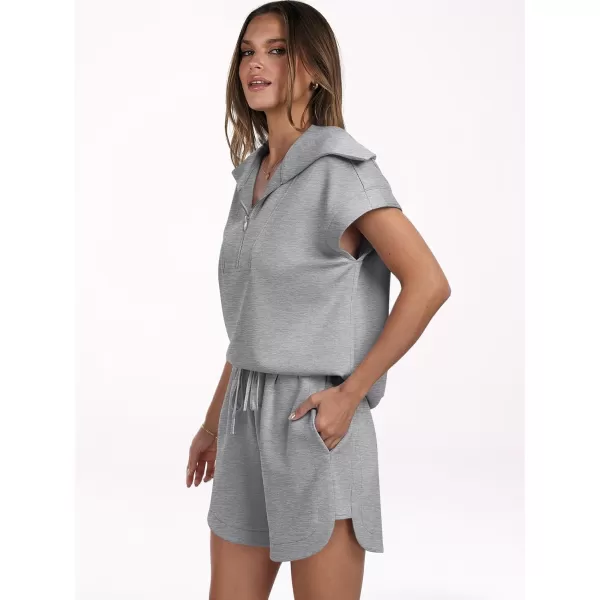 imageANRABESSnbspWomennbsp2 Piece OutfitsnbspSweatsuit HalfnbspZip LapelnbspCollarnbspShortnbspSleeve Tops Sweat Shorts LoungenbspSets TracksuitGrey