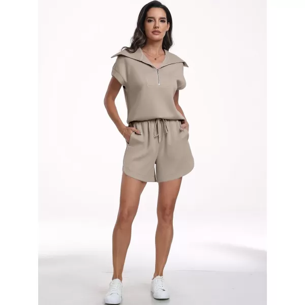 imageANRABESSnbspWomennbsp2 Piece OutfitsnbspSweatsuit HalfnbspZip LapelnbspCollarnbspShortnbspSleeve Tops Sweat Shorts LoungenbspSets TracksuitKhaki