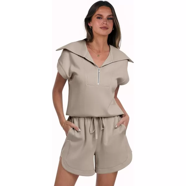 imageANRABESSnbspWomennbsp2 Piece OutfitsnbspSweatsuit HalfnbspZip LapelnbspCollarnbspShortnbspSleeve Tops Sweat Shorts LoungenbspSets TracksuitKhaki
