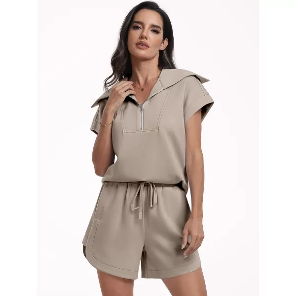 imageANRABESSnbspWomennbsp2 Piece OutfitsnbspSweatsuit HalfnbspZip LapelnbspCollarnbspShortnbspSleeve Tops Sweat Shorts LoungenbspSets TracksuitKhaki