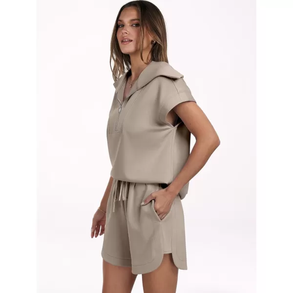 imageANRABESSnbspWomennbsp2 Piece OutfitsnbspSweatsuit HalfnbspZip LapelnbspCollarnbspShortnbspSleeve Tops Sweat Shorts LoungenbspSets TracksuitKhaki