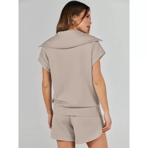 imageANRABESSnbspWomennbsp2 Piece OutfitsnbspSweatsuit HalfnbspZip LapelnbspCollarnbspShortnbspSleeve Tops Sweat Shorts LoungenbspSets TracksuitKhaki