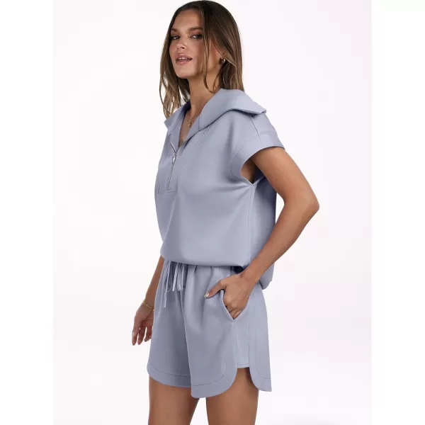 imageANRABESSnbspWomennbsp2 Piece OutfitsnbspSweatsuit HalfnbspZip LapelnbspCollarnbspShortnbspSleeve Tops Sweat Shorts LoungenbspSets TracksuitLight Blue