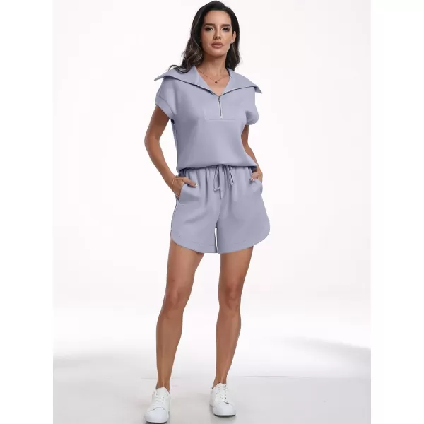 imageANRABESSnbspWomennbsp2 Piece OutfitsnbspSweatsuit HalfnbspZip LapelnbspCollarnbspShortnbspSleeve Tops Sweat Shorts LoungenbspSets TracksuitLight Blue