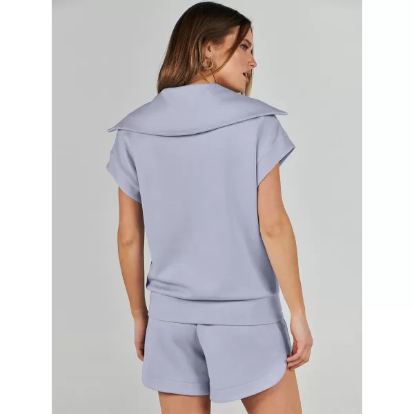 imageANRABESSnbspWomennbsp2 Piece OutfitsnbspSweatsuit HalfnbspZip LapelnbspCollarnbspShortnbspSleeve Tops Sweat Shorts LoungenbspSets TracksuitLight Blue