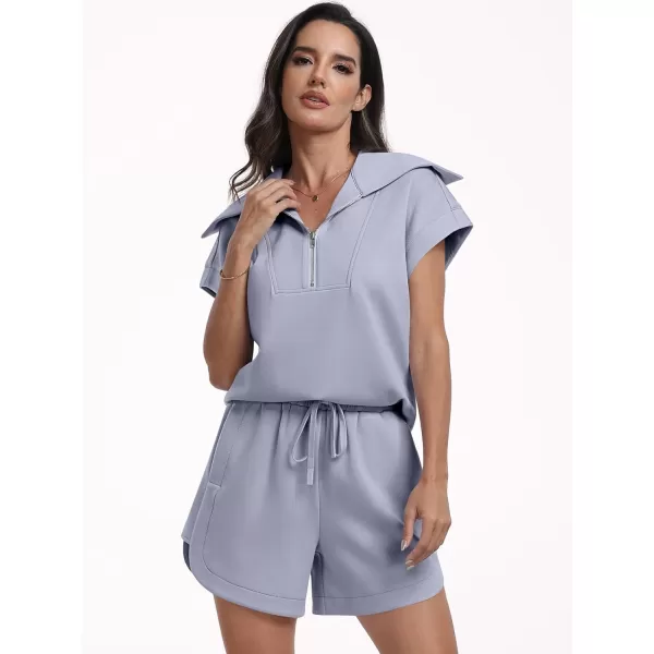 imageANRABESSnbspWomennbsp2 Piece OutfitsnbspSweatsuit HalfnbspZip LapelnbspCollarnbspShortnbspSleeve Tops Sweat Shorts LoungenbspSets TracksuitLight Blue