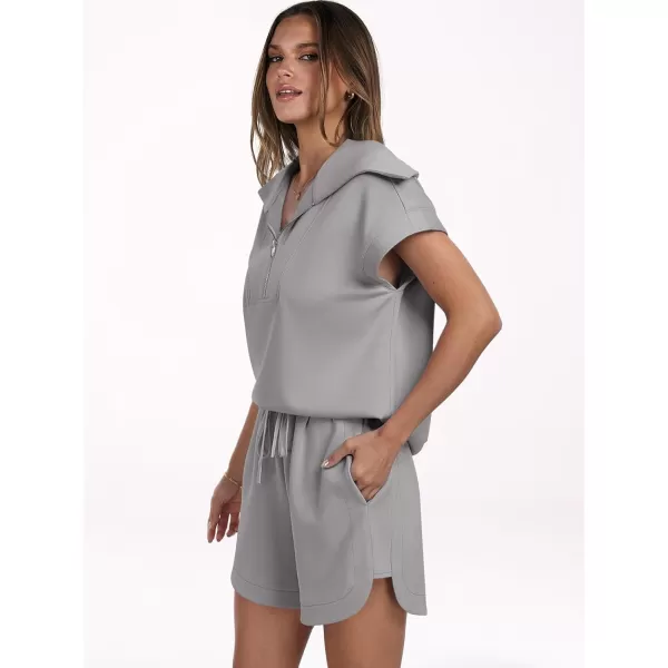 imageANRABESSnbspWomennbsp2 Piece OutfitsnbspSweatsuit HalfnbspZip LapelnbspCollarnbspShortnbspSleeve Tops Sweat Shorts LoungenbspSets TracksuitLight Grey