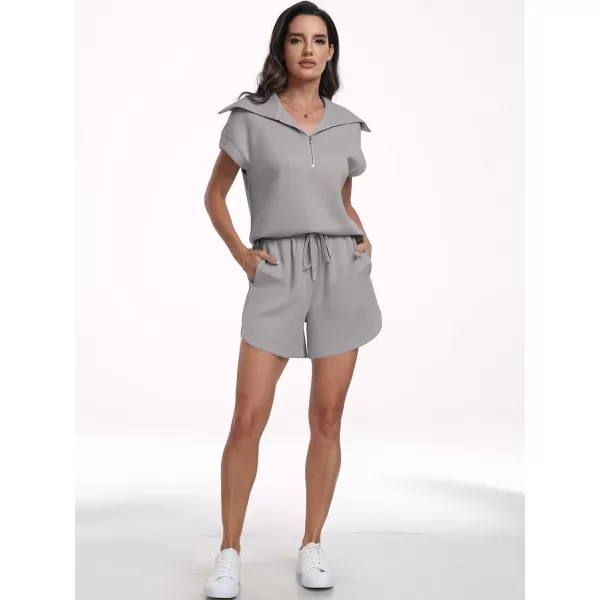 imageANRABESSnbspWomennbsp2 Piece OutfitsnbspSweatsuit HalfnbspZip LapelnbspCollarnbspShortnbspSleeve Tops Sweat Shorts LoungenbspSets TracksuitLight Grey