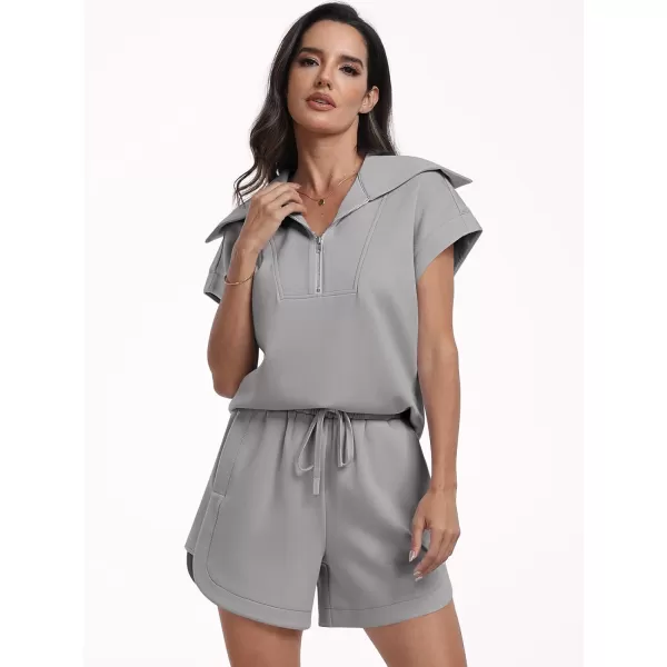 imageANRABESSnbspWomennbsp2 Piece OutfitsnbspSweatsuit HalfnbspZip LapelnbspCollarnbspShortnbspSleeve Tops Sweat Shorts LoungenbspSets TracksuitLight Grey