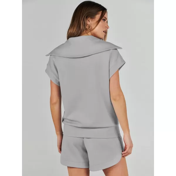 imageANRABESSnbspWomennbsp2 Piece OutfitsnbspSweatsuit HalfnbspZip LapelnbspCollarnbspShortnbspSleeve Tops Sweat Shorts LoungenbspSets TracksuitLight Grey