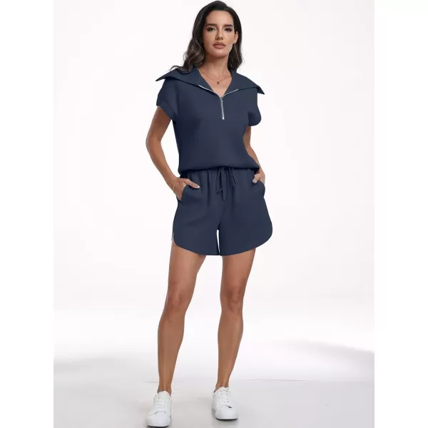 imageANRABESSnbspWomennbsp2 Piece OutfitsnbspSweatsuit HalfnbspZip LapelnbspCollarnbspShortnbspSleeve Tops Sweat Shorts LoungenbspSets TracksuitNavy Blue