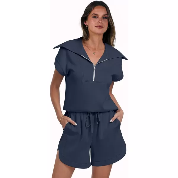 imageANRABESSnbspWomennbsp2 Piece OutfitsnbspSweatsuit HalfnbspZip LapelnbspCollarnbspShortnbspSleeve Tops Sweat Shorts LoungenbspSets TracksuitNavy Blue