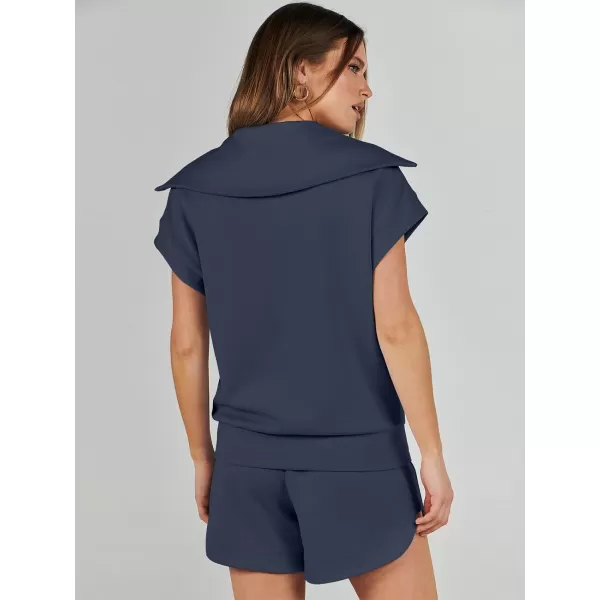 imageANRABESSnbspWomennbsp2 Piece OutfitsnbspSweatsuit HalfnbspZip LapelnbspCollarnbspShortnbspSleeve Tops Sweat Shorts LoungenbspSets TracksuitNavy Blue