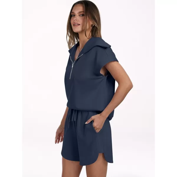 imageANRABESSnbspWomennbsp2 Piece OutfitsnbspSweatsuit HalfnbspZip LapelnbspCollarnbspShortnbspSleeve Tops Sweat Shorts LoungenbspSets TracksuitNavy Blue