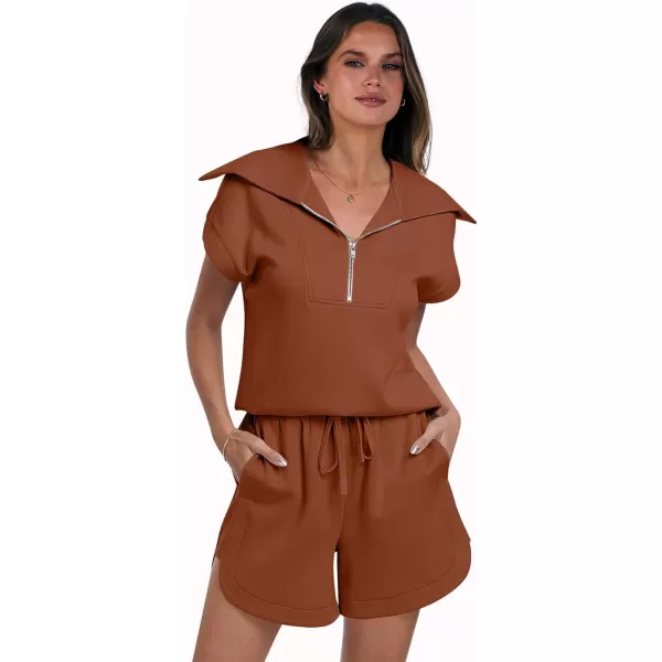 imageANRABESSnbspWomennbsp2 Piece OutfitsnbspSweatsuit HalfnbspZip LapelnbspCollarnbspShortnbspSleeve Tops Sweat Shorts LoungenbspSets TracksuitRust
