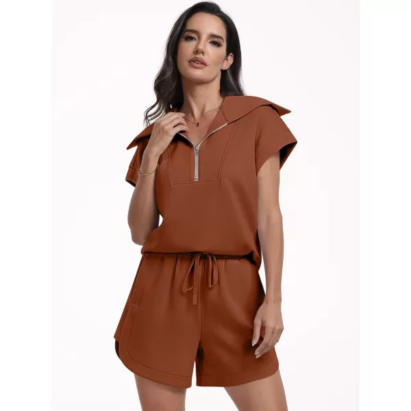 imageANRABESSnbspWomennbsp2 Piece OutfitsnbspSweatsuit HalfnbspZip LapelnbspCollarnbspShortnbspSleeve Tops Sweat Shorts LoungenbspSets TracksuitRust