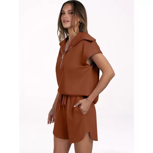 imageANRABESSnbspWomennbsp2 Piece OutfitsnbspSweatsuit HalfnbspZip LapelnbspCollarnbspShortnbspSleeve Tops Sweat Shorts LoungenbspSets TracksuitRust