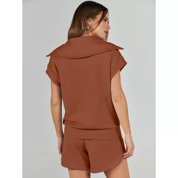 imageANRABESSnbspWomennbsp2 Piece OutfitsnbspSweatsuit HalfnbspZip LapelnbspCollarnbspShortnbspSleeve Tops Sweat Shorts LoungenbspSets TracksuitRust