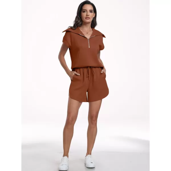imageANRABESSnbspWomennbsp2 Piece OutfitsnbspSweatsuit HalfnbspZip LapelnbspCollarnbspShortnbspSleeve Tops Sweat Shorts LoungenbspSets TracksuitRust
