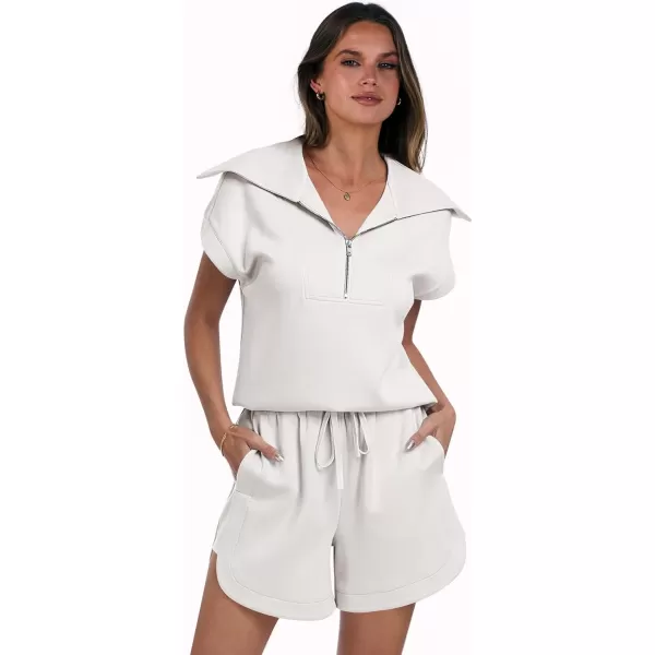 imageANRABESSnbspWomennbsp2 Piece OutfitsnbspSweatsuit HalfnbspZip LapelnbspCollarnbspShortnbspSleeve Tops Sweat Shorts LoungenbspSets TracksuitWhite