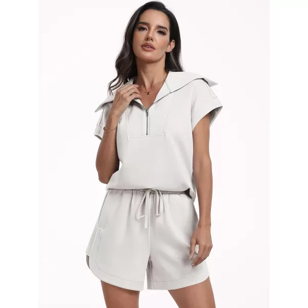imageANRABESSnbspWomennbsp2 Piece OutfitsnbspSweatsuit HalfnbspZip LapelnbspCollarnbspShortnbspSleeve Tops Sweat Shorts LoungenbspSets TracksuitWhite