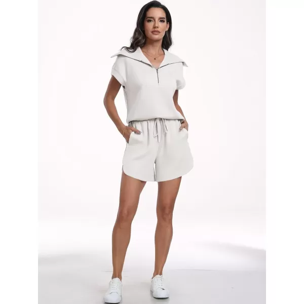 imageANRABESSnbspWomennbsp2 Piece OutfitsnbspSweatsuit HalfnbspZip LapelnbspCollarnbspShortnbspSleeve Tops Sweat Shorts LoungenbspSets TracksuitWhite