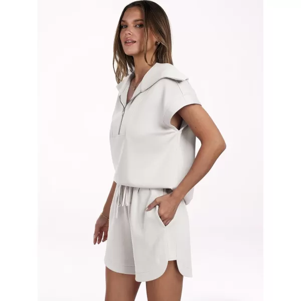 imageANRABESSnbspWomennbsp2 Piece OutfitsnbspSweatsuit HalfnbspZip LapelnbspCollarnbspShortnbspSleeve Tops Sweat Shorts LoungenbspSets TracksuitWhite