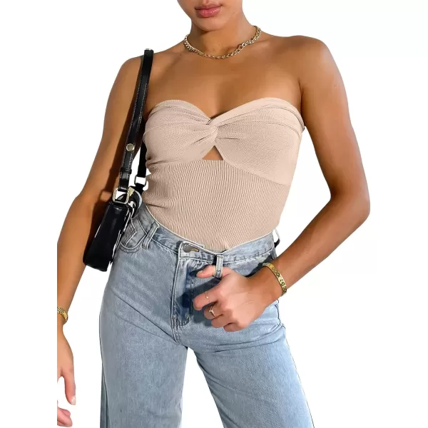 imageWomen Strapless Crop Tube Top Sexy Ribbed Knit Cutout Twisted Knot Front Sleeveless Y2K Corset Tanks TopApricot