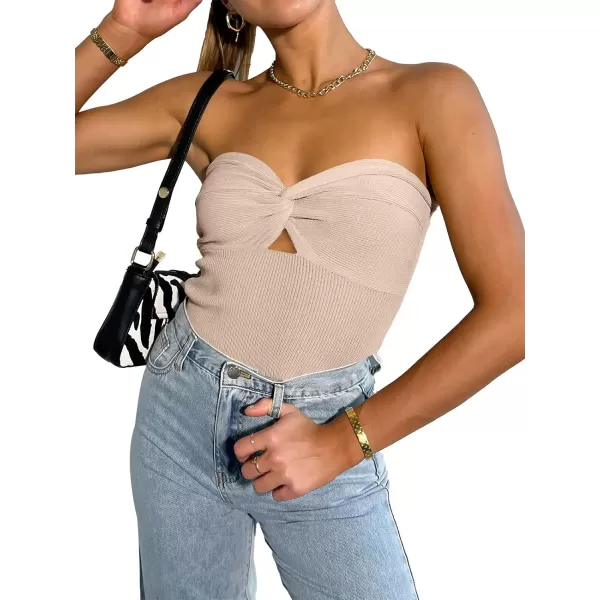 imageWomen Strapless Crop Tube Top Sexy Ribbed Knit Cutout Twisted Knot Front Sleeveless Y2K Corset Tanks TopApricot