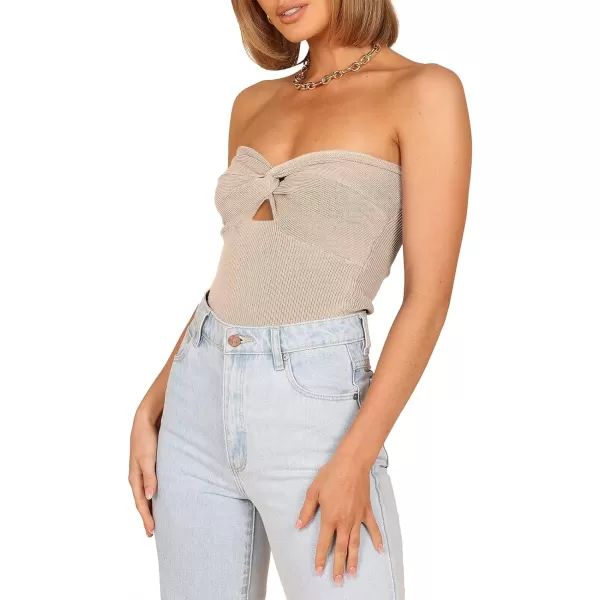 imageWomen Strapless Crop Tube Top Sexy Ribbed Knit Cutout Twisted Knot Front Sleeveless Y2K Corset Tanks TopApricot