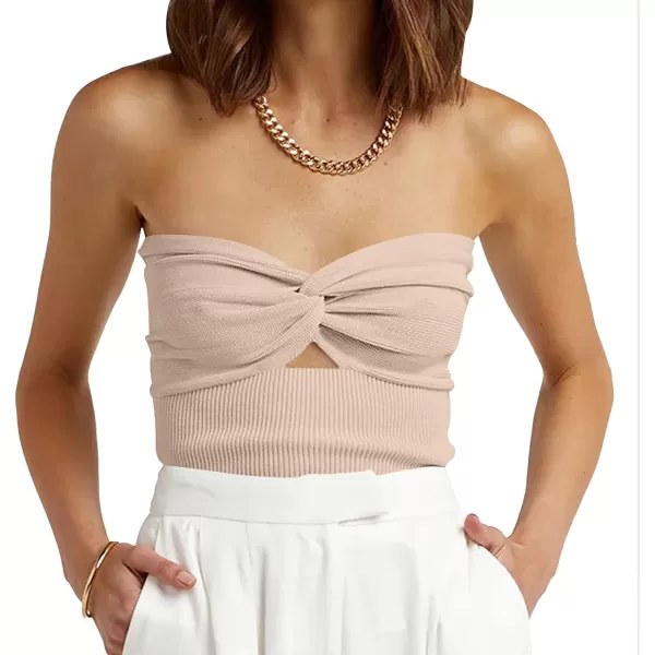 imageWomen Strapless Crop Tube Top Sexy Ribbed Knit Cutout Twisted Knot Front Sleeveless Y2K Corset Tanks TopApricot