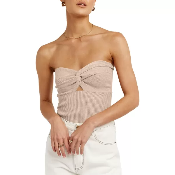 imageWomen Strapless Crop Tube Top Sexy Ribbed Knit Cutout Twisted Knot Front Sleeveless Y2K Corset Tanks TopApricot