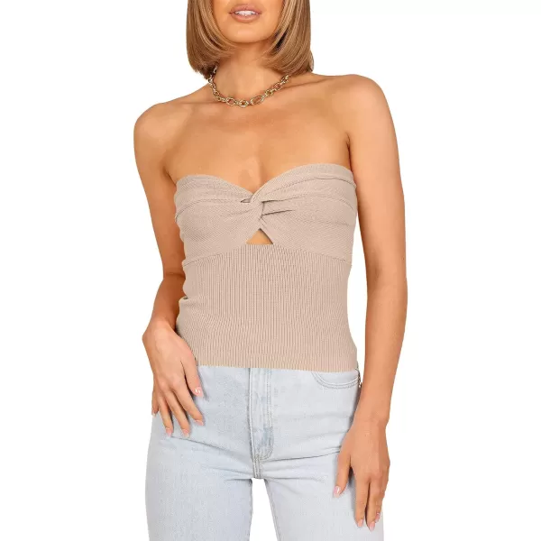 imageWomen Strapless Crop Tube Top Sexy Ribbed Knit Cutout Twisted Knot Front Sleeveless Y2K Corset Tanks TopApricot