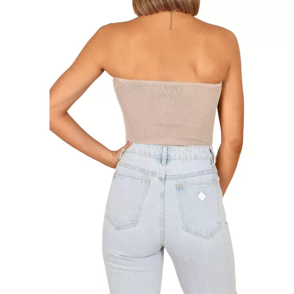 imageWomen Strapless Crop Tube Top Sexy Ribbed Knit Cutout Twisted Knot Front Sleeveless Y2K Corset Tanks TopApricot