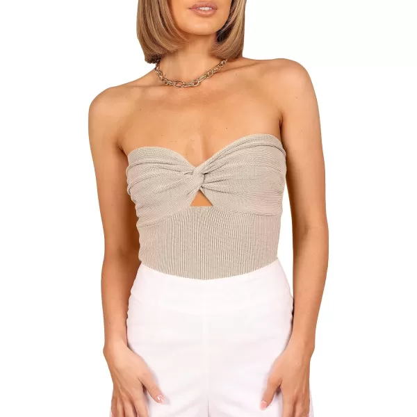 imageWomen Strapless Crop Tube Top Sexy Ribbed Knit Cutout Twisted Knot Front Sleeveless Y2K Corset Tanks TopApricot