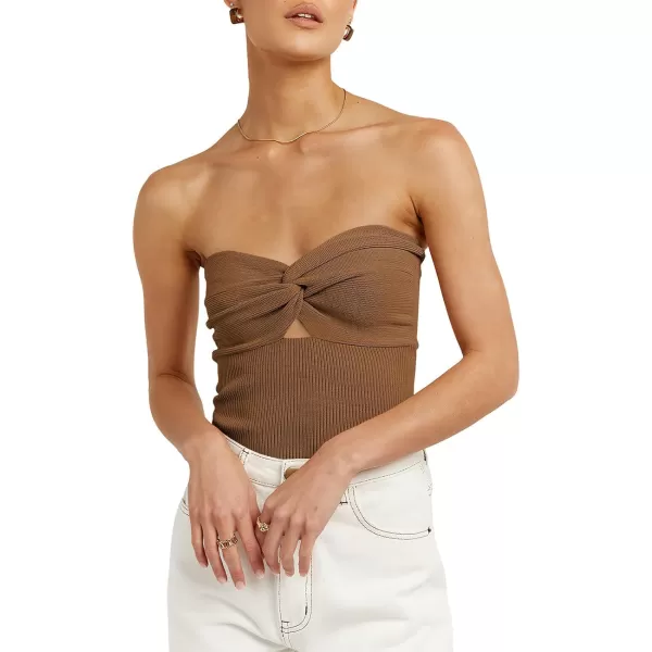 imageWomen Strapless Crop Tube Top Sexy Ribbed Knit Cutout Twisted Knot Front Sleeveless Y2K Corset Tanks TopCaramel